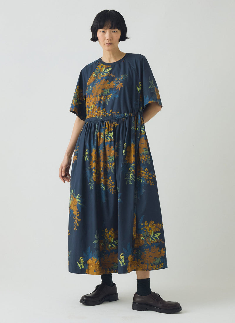 Botanical Shadow Print Cotton Dress | Shadow Blue