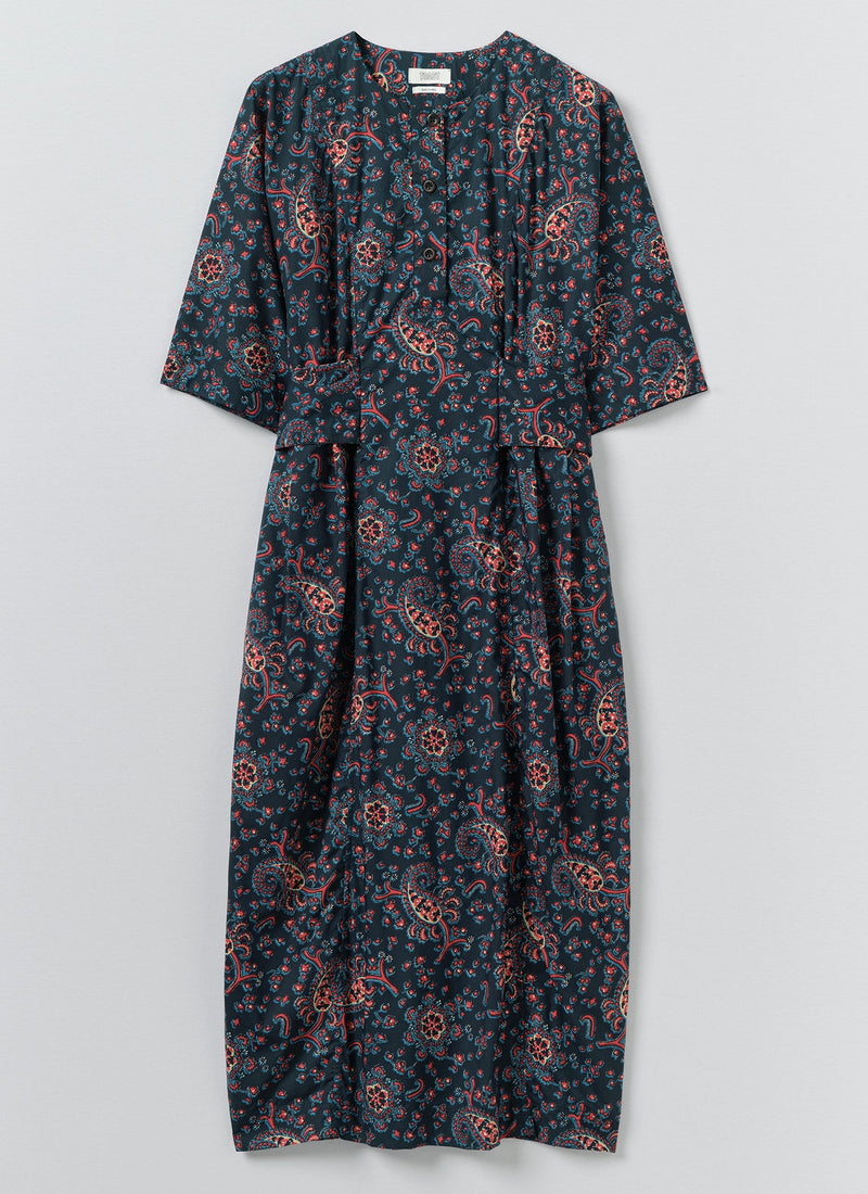 cotton paisley dress Vintage 70s Handmade Paisley Print Cotton Country Day Dress With Front and Back V-neck, Pleated Button Bodice and POCKETS!!!