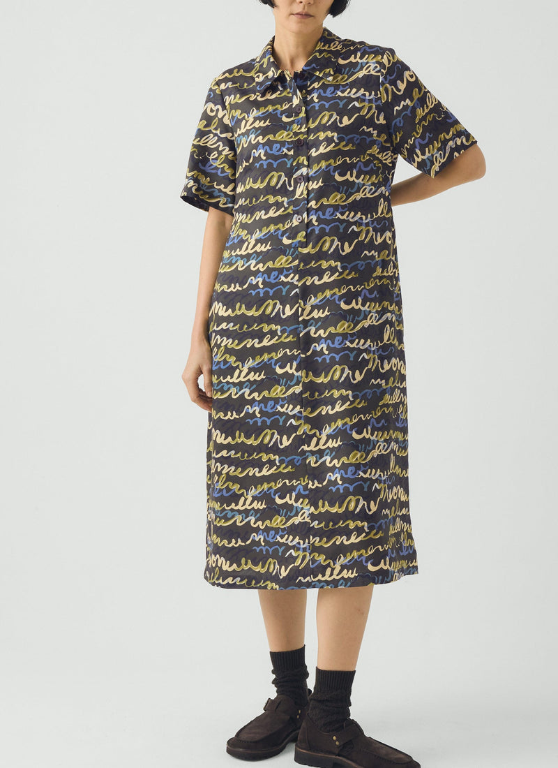 Script Print Fluid Shirt Dress | Avocado Rind