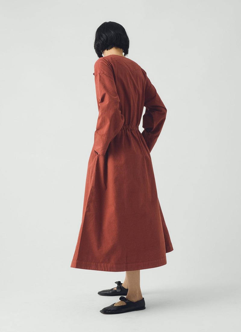 Button Through Cotton Linen Poplin Dress | Brick