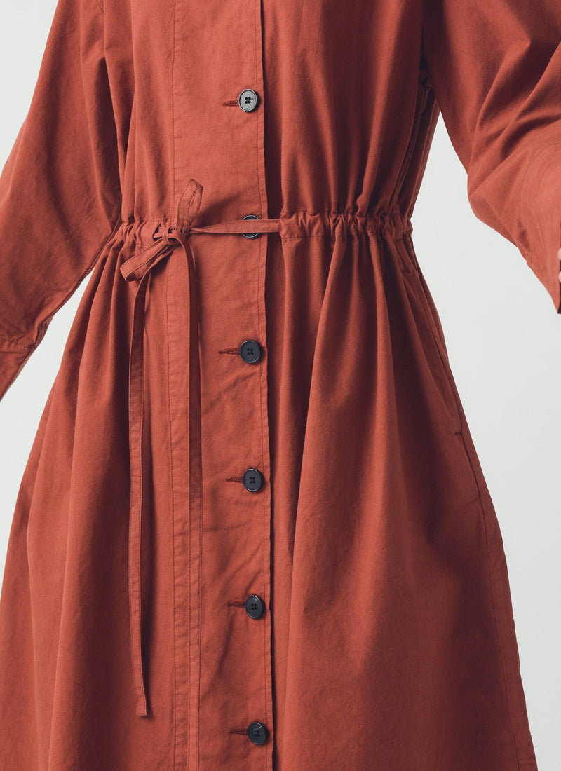 Button Through Cotton Linen Poplin Dress | Brick