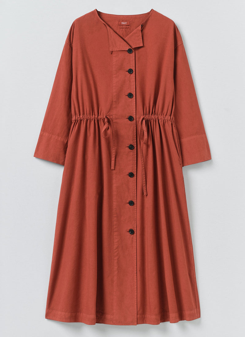 Button Through Cotton Linen Poplin Dress | Brick