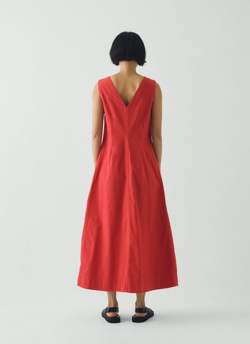V Neck Cotton Linen Poplin Dress | Goji Berry