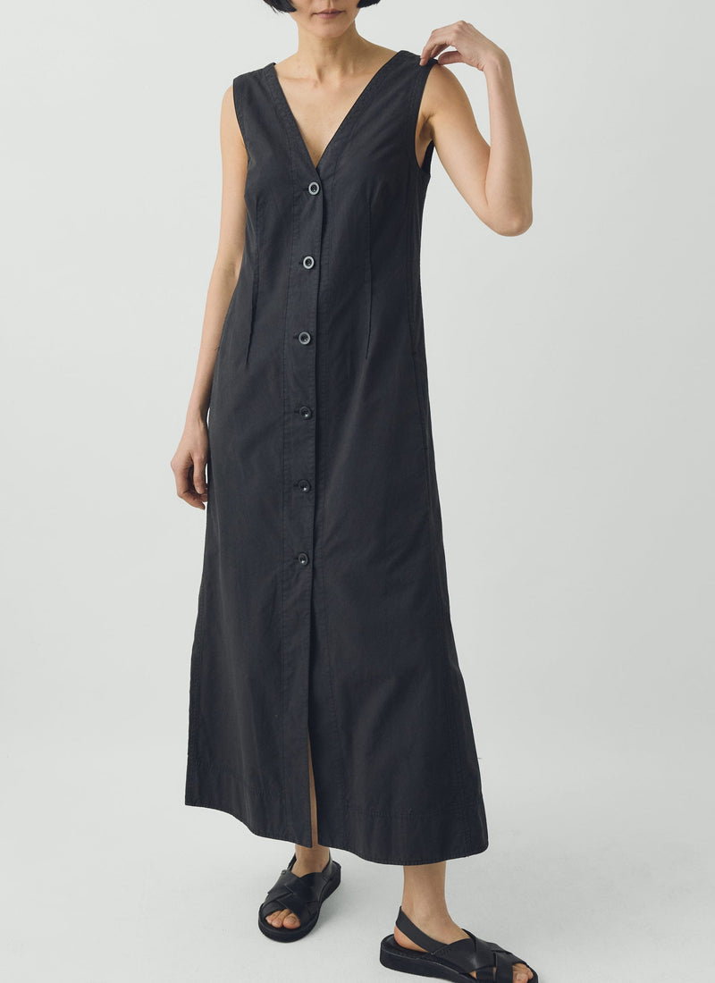 V Neck Cotton Linen Poplin Dress | Washed Black | TOAST V Neck Cotton Linen Poplin Dress | Washed Black | TOAST