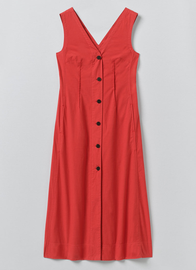 V Neck Cotton Linen Poplin Dress | Goji Berry