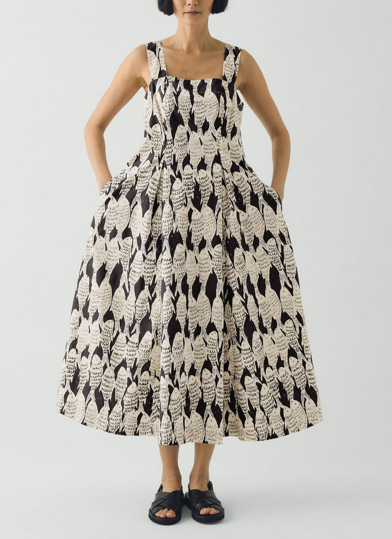 Market Fish Print Cotton Poplin Dress | Slate