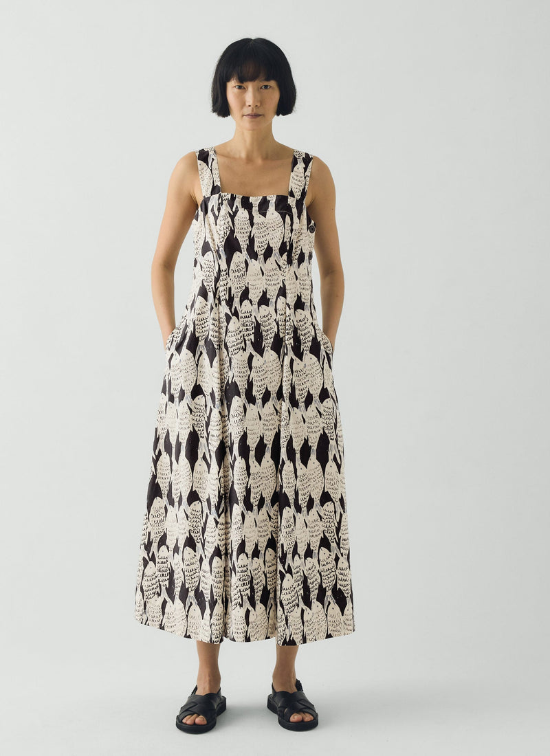 Market Fish Print Cotton Poplin Dress | Slate