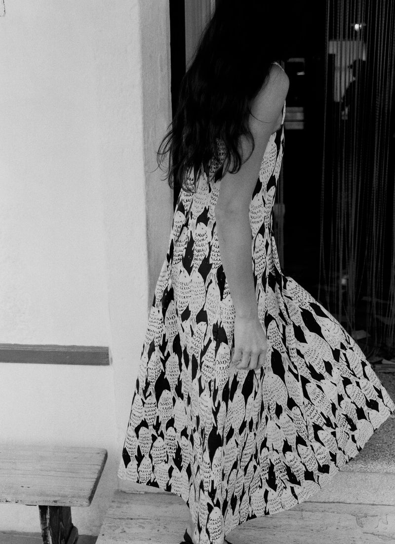 cotton fish print dress Where the Sun Goes Green Multi Cotton Fish Pattern Maxi Dress