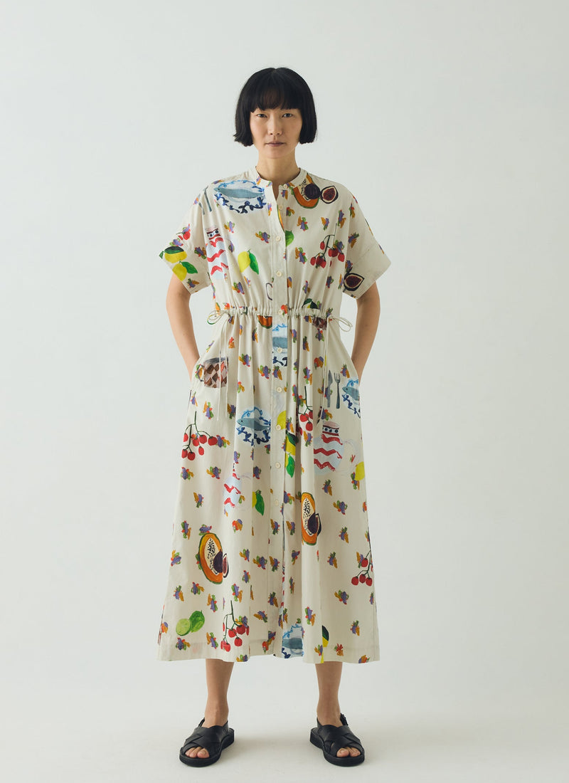 Table Setting Print Cotton Dress | Ecru Multi