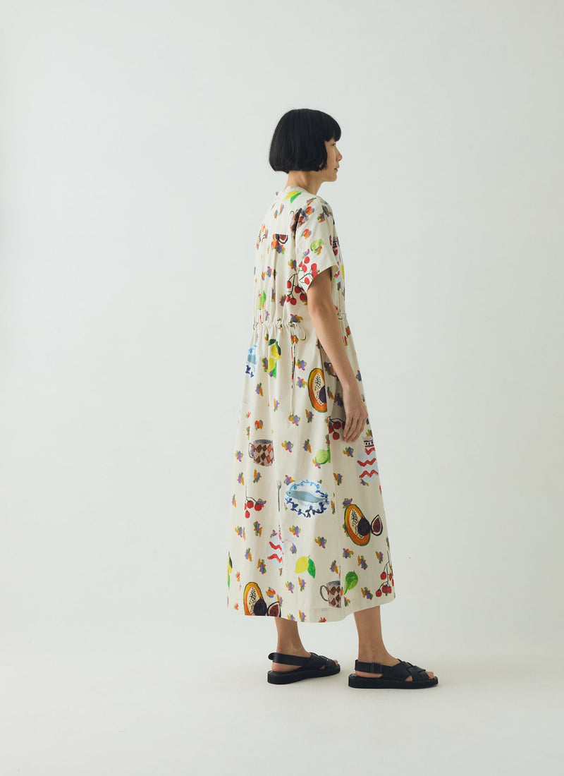 Table Setting Print Cotton Dress | Ecru Multi