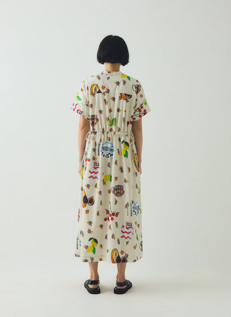 Table Setting Print Cotton Dress | Ecru Multi