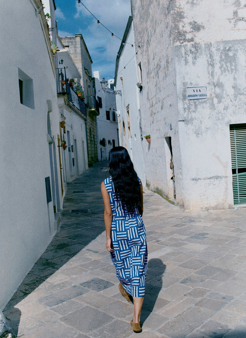 Block Print Patchwork Stripe Dress | Deep Cornflower