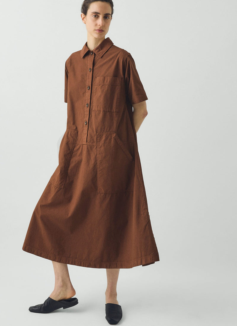 Cotton Linen Poplin Shirt Dress | Brown Ochre