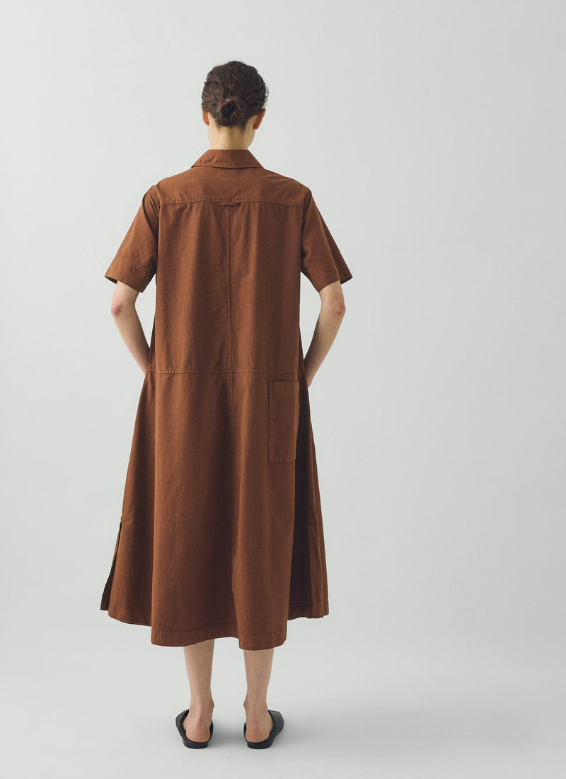 Cotton Linen Poplin Shirt Dress | Brown Ochre