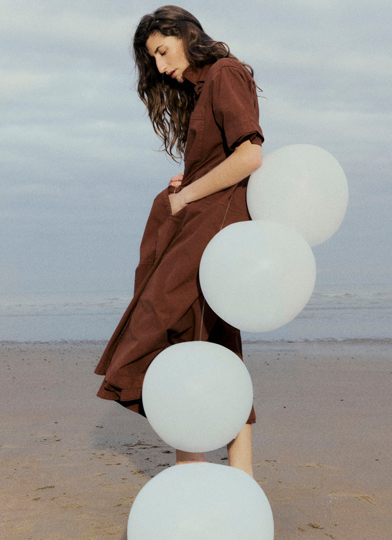 Cotton Linen Poplin Shirt Dress | Brown Ochre
