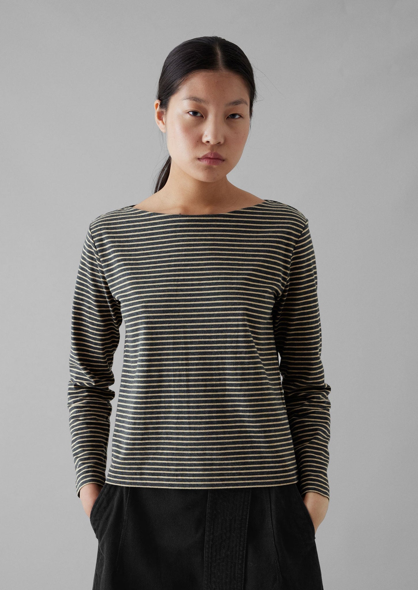 Stripe Soft Cotton Long Sleeve Tee | Grey/Sand