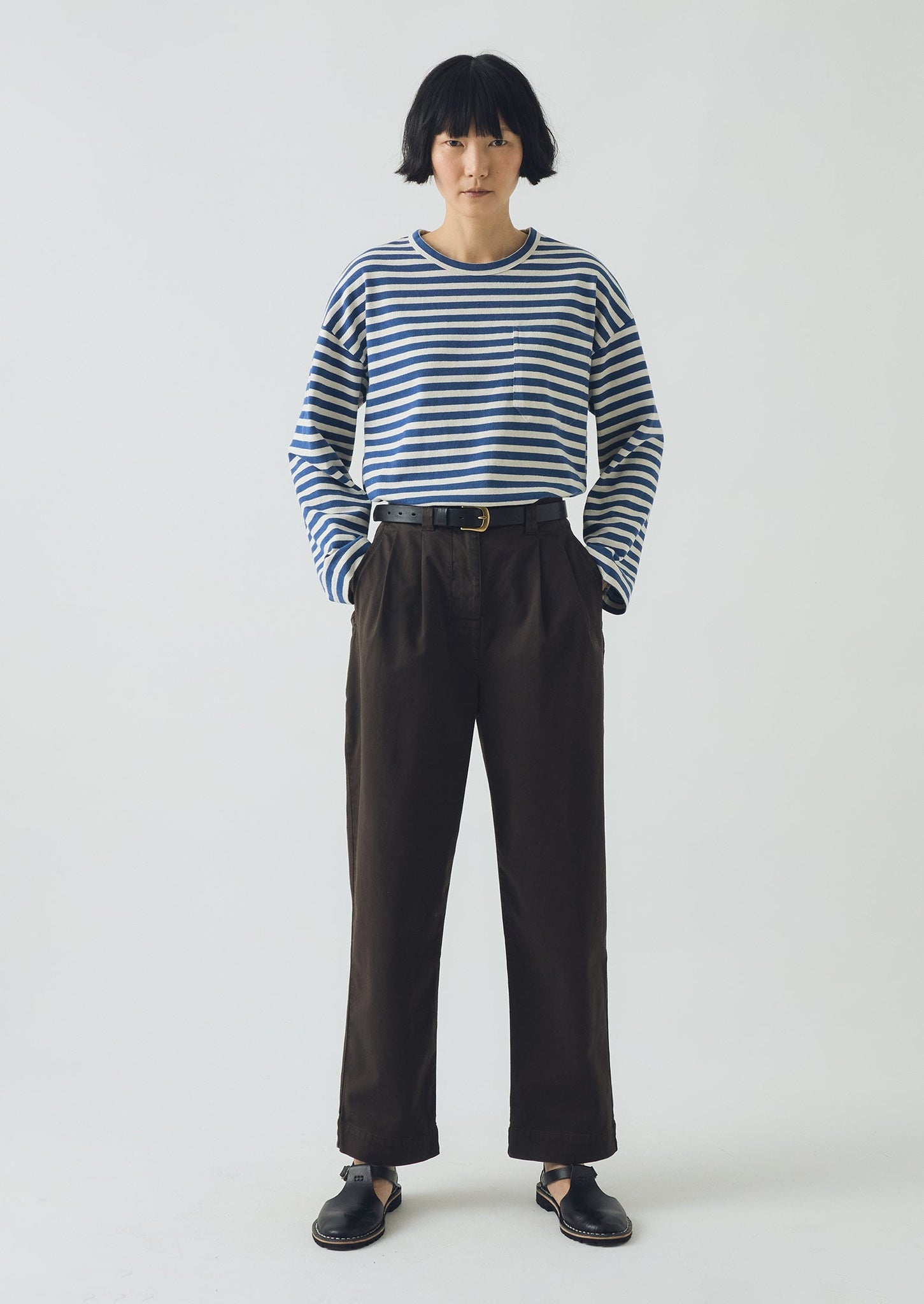 Bold Stripe Cotton Long Sleeve Tee | Delft/Ecru