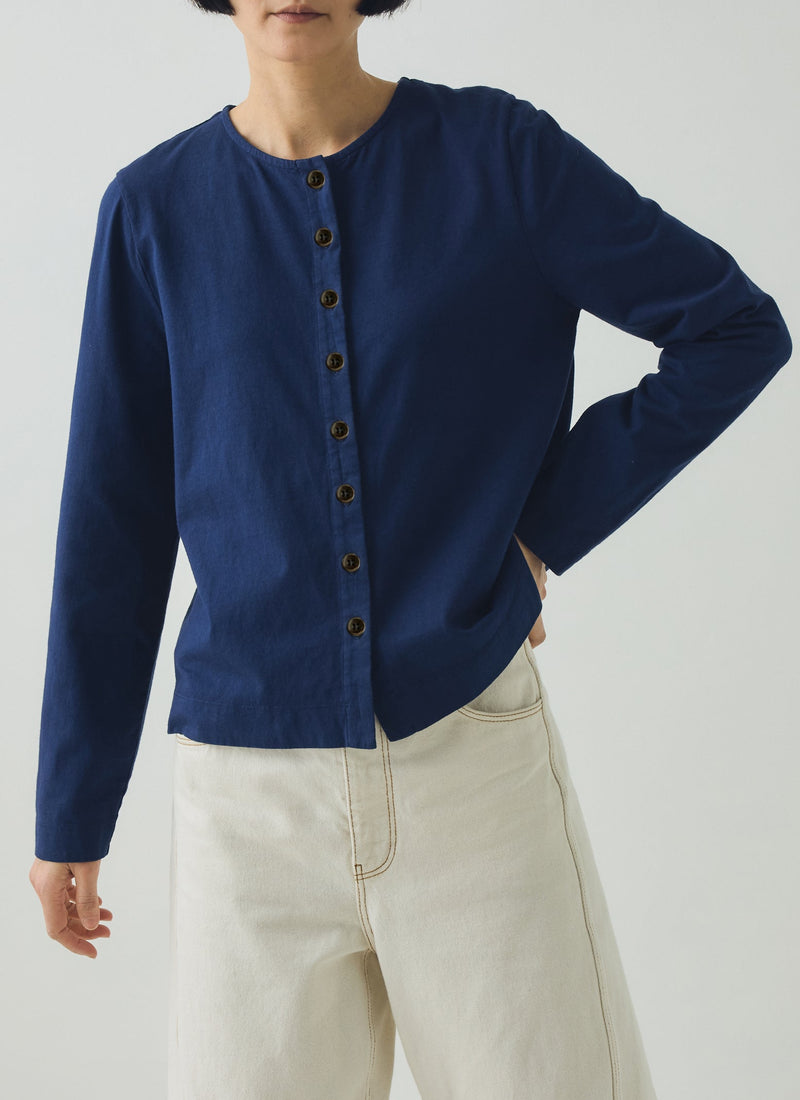 Button Through Cotton Jersey Tee | Indigo Blue