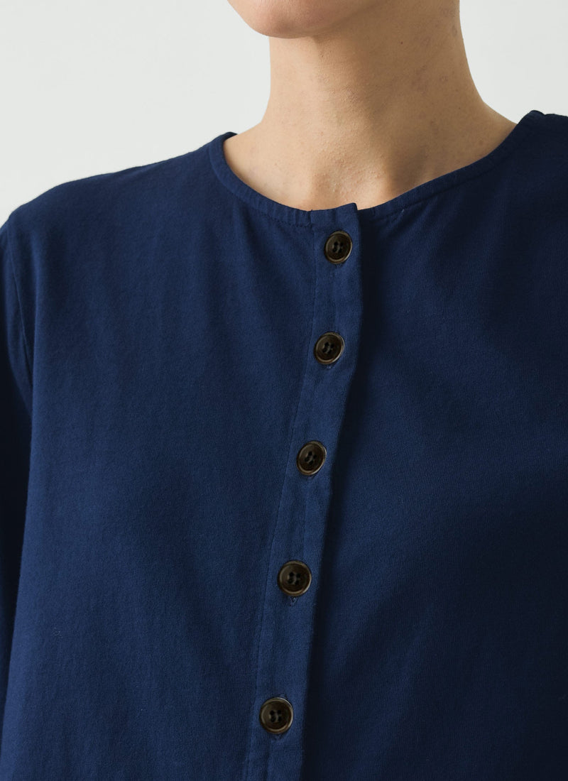 Button Through Cotton Jersey Tee | Indigo Blue