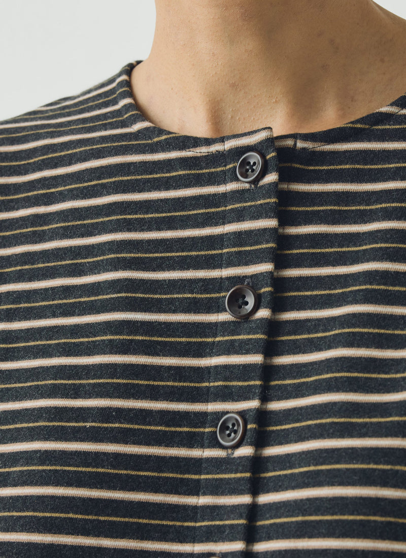 Stripe Button Through Cotton Jersey Tee | Charcoal Multi
