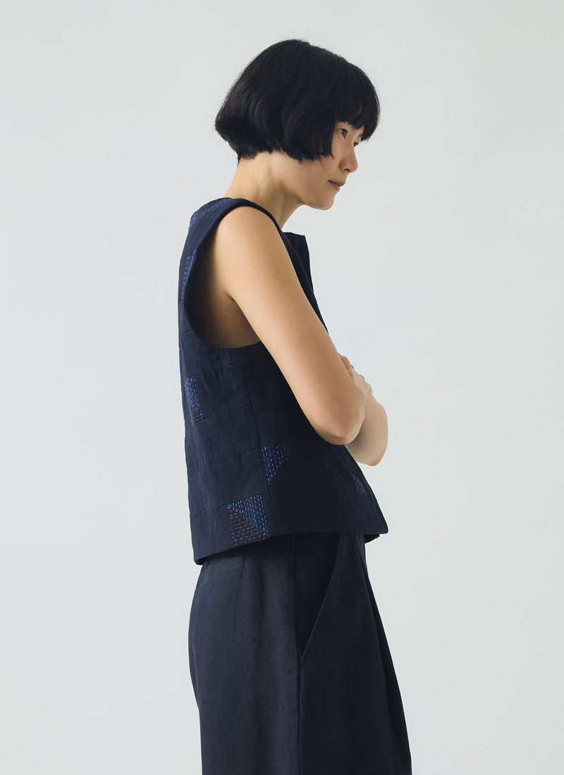 Patchwork Kantha Stitch Cotton Waistcoat | Navy