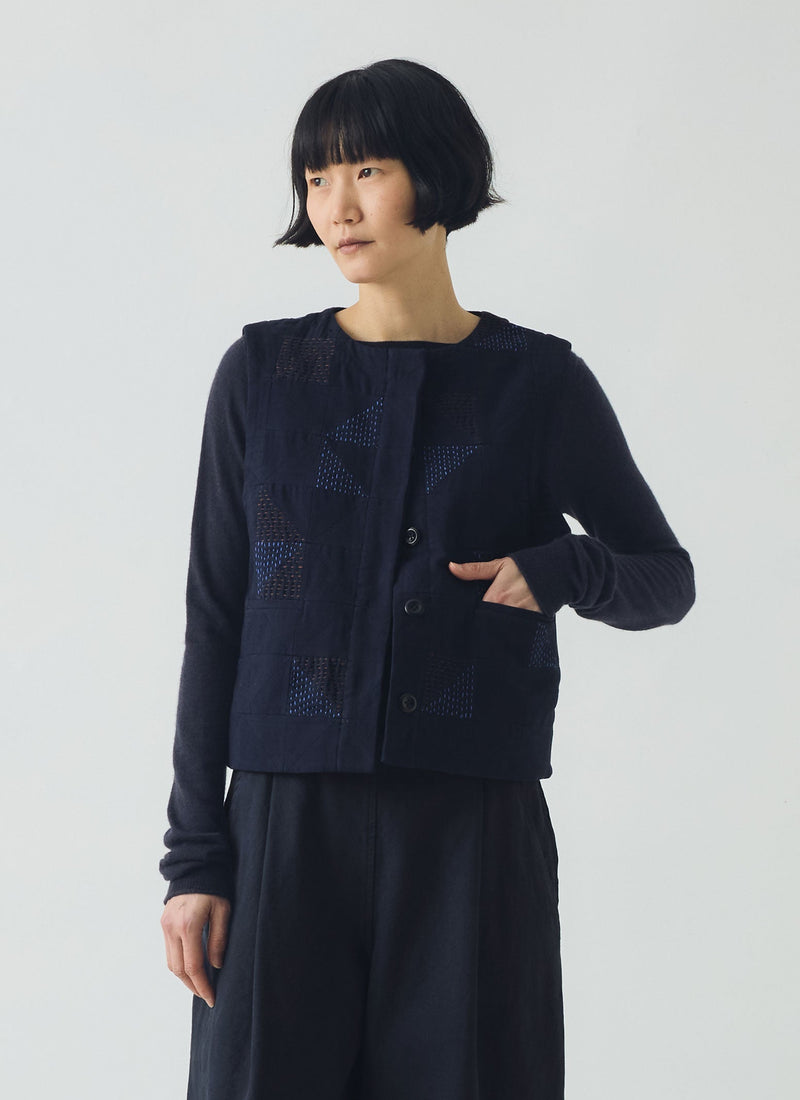 Patchwork Kantha Stitch Cotton Waistcoat | Navy