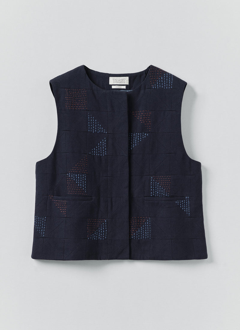 Patchwork Kantha Stitch Cotton Waistcoat | Navy