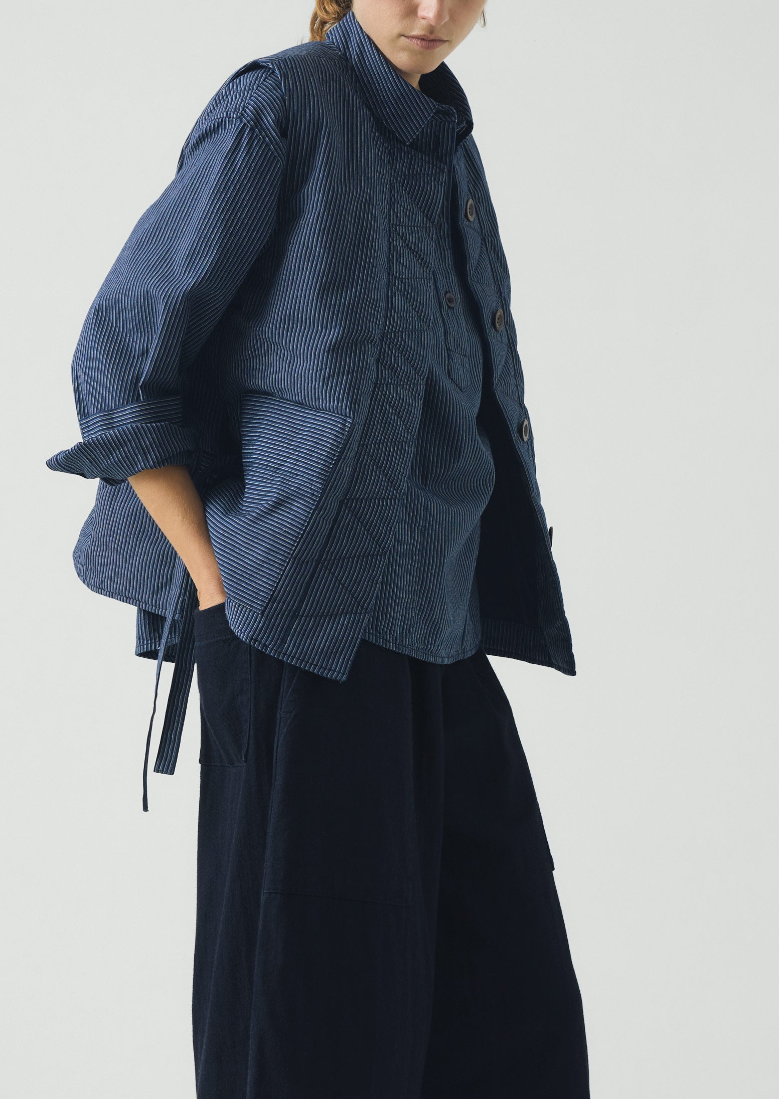 Railroad Stripe Side Tie Vest | Denim Blue | TOAST