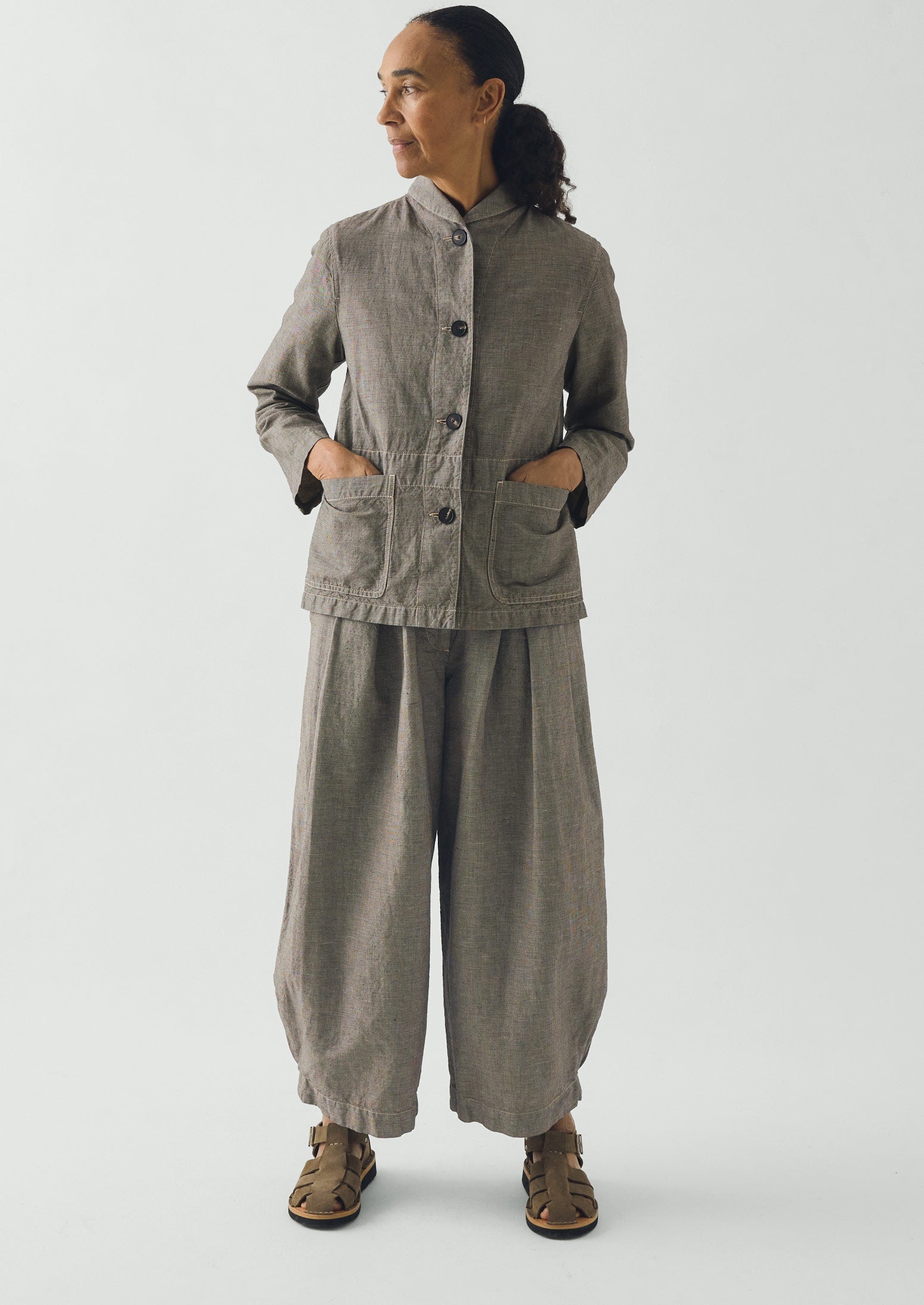 T*e様 ensou. Houndtooth Jacket Atelier103 Hal Micro Houndstooth Cotton Linen Workwear Jacket | Vintage White