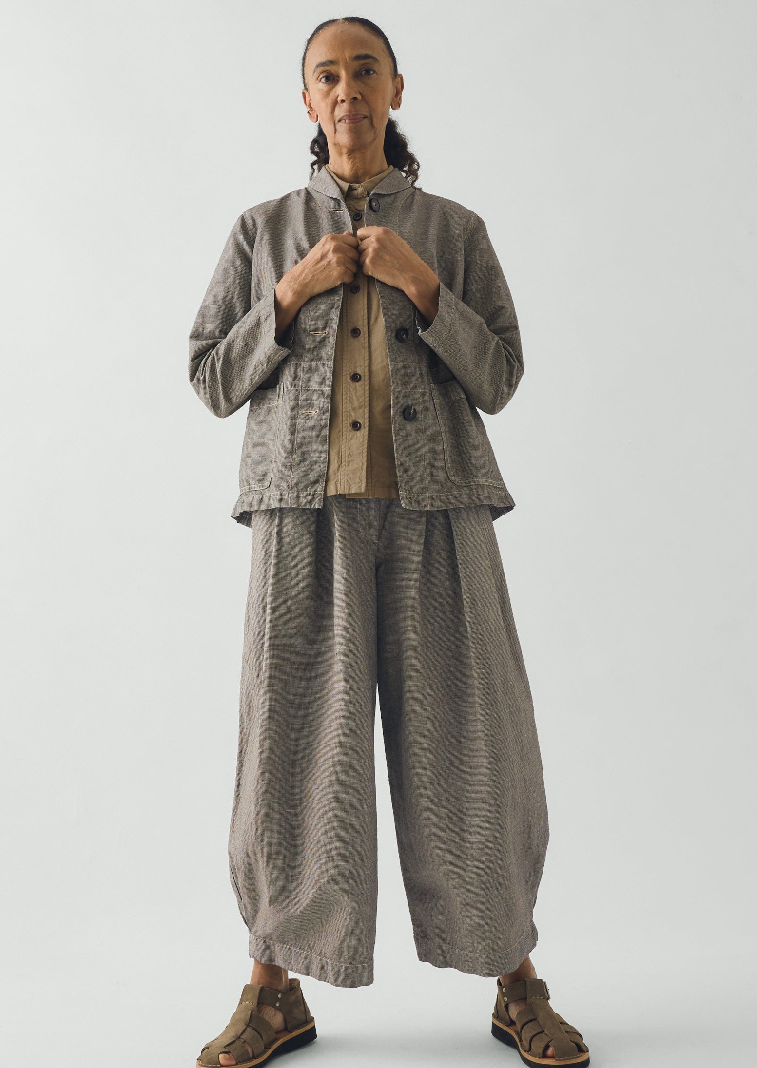 Hal Micro Houndstooth Cotton Linen Workwear Jacket | Vintage White