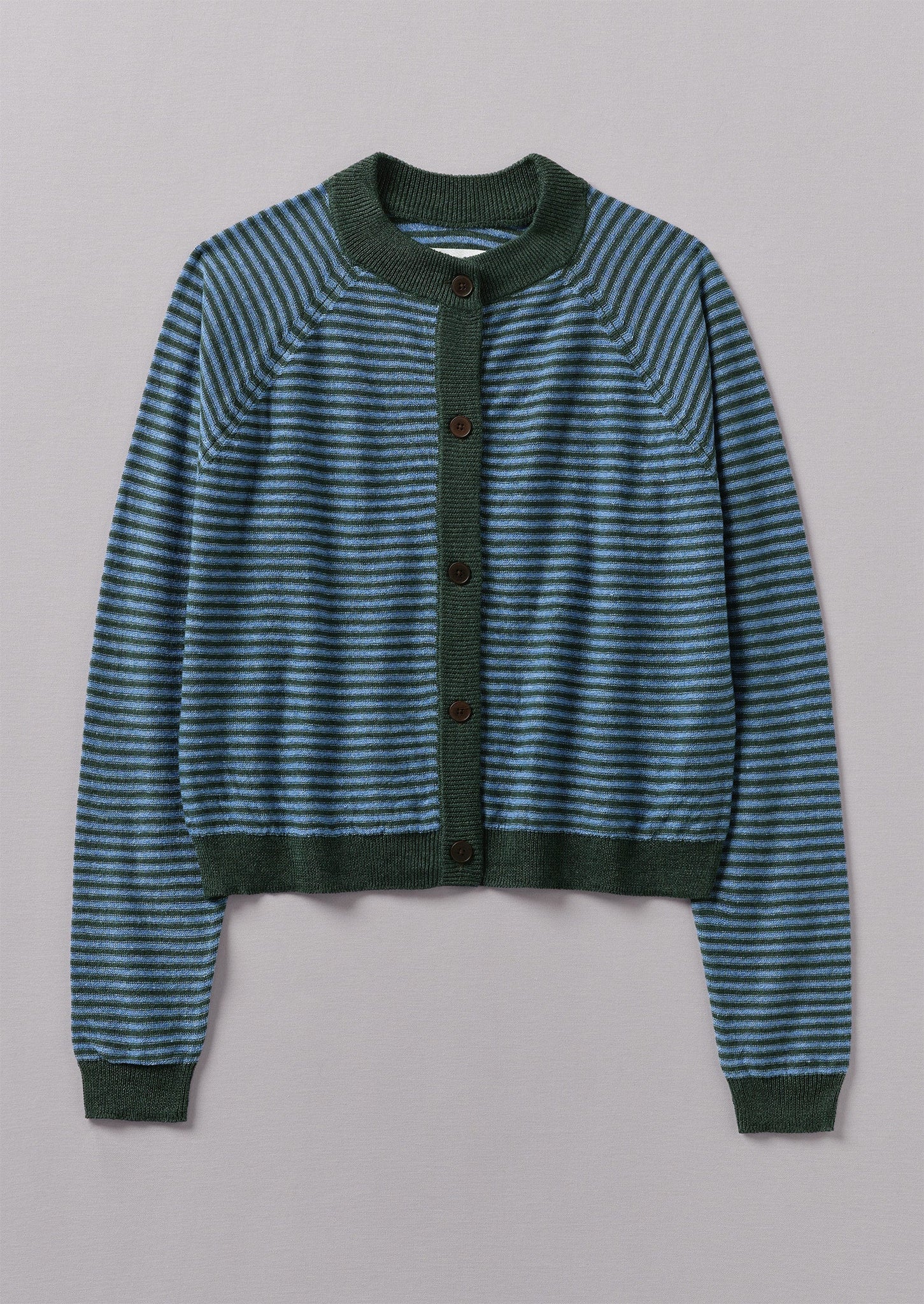 Fine Stripe Linen Wool Cardigan | Cornflower/Dark Green