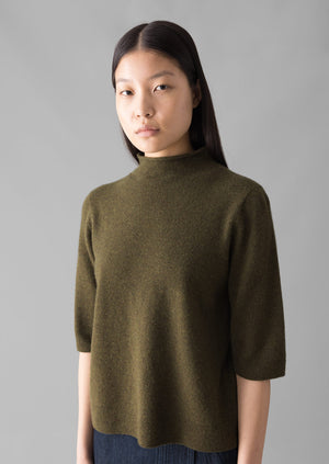 Fine Wool Cashmere Half Sleeve Sweater | Olive Melange