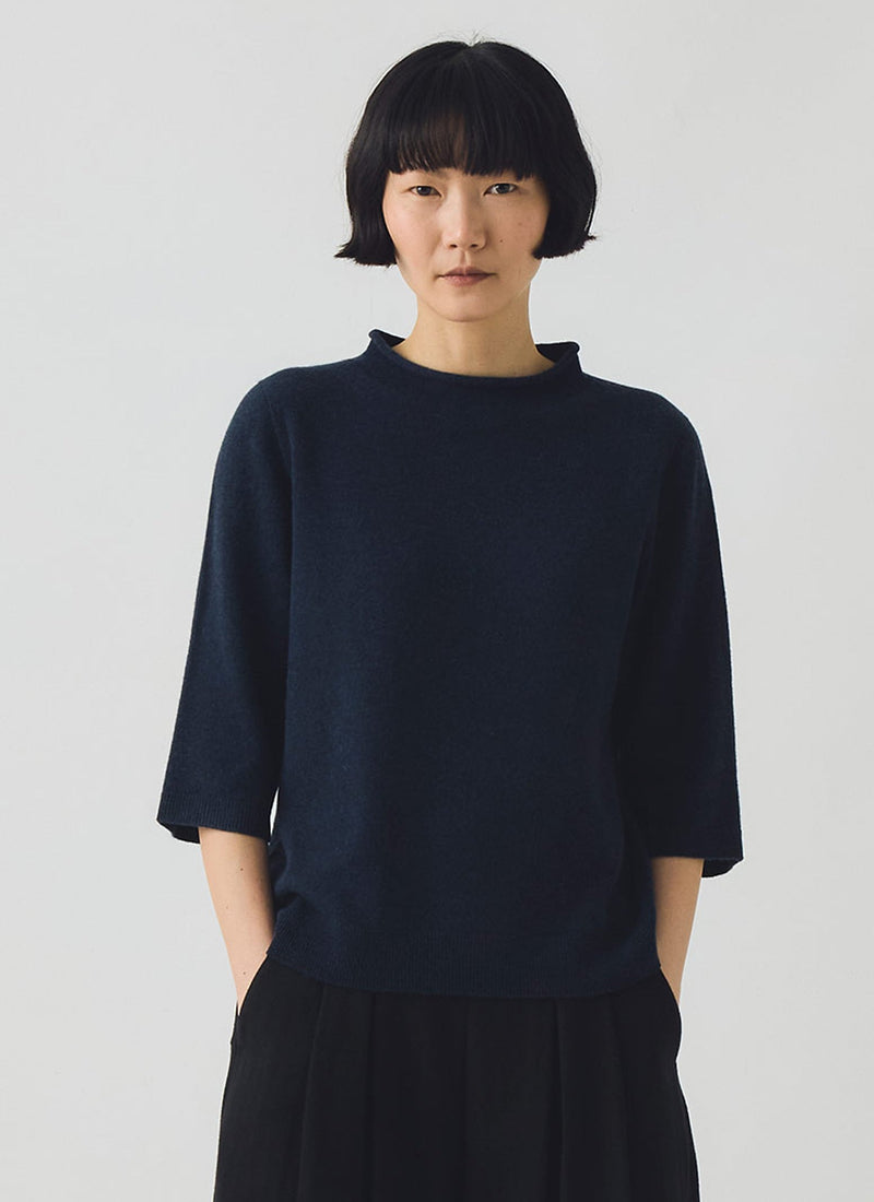 Fine Wool Cashmere Half Sleeve Sweater | Darkest Navy