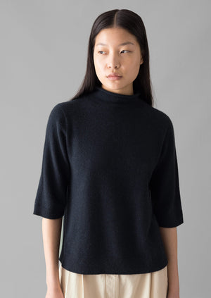 Fine Wool Cashmere Half Sleeve Sweater | Darkest Navy