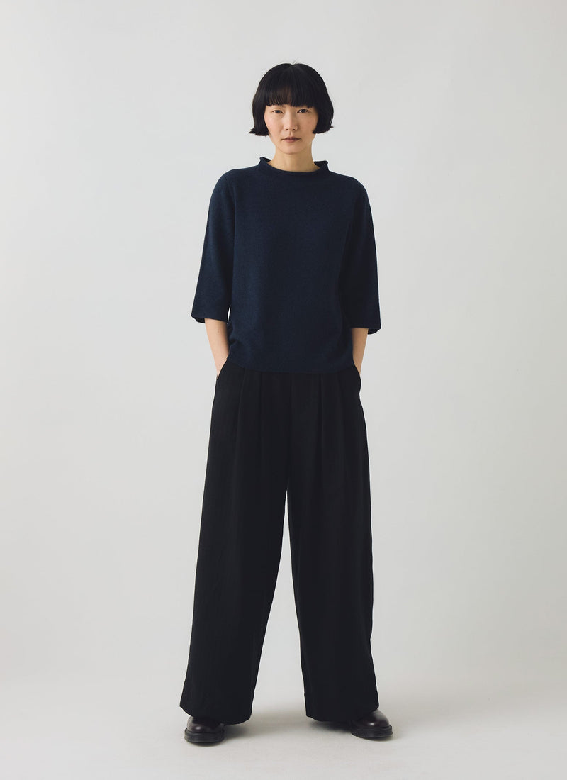 Fine Wool Cashmere Half Sleeve Sweater | Darkest Navy