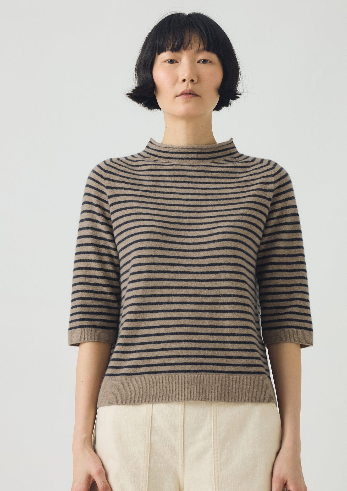 Stripe Wool Cashmere Half Sleeve Sweater | Biscuit/Anthracite