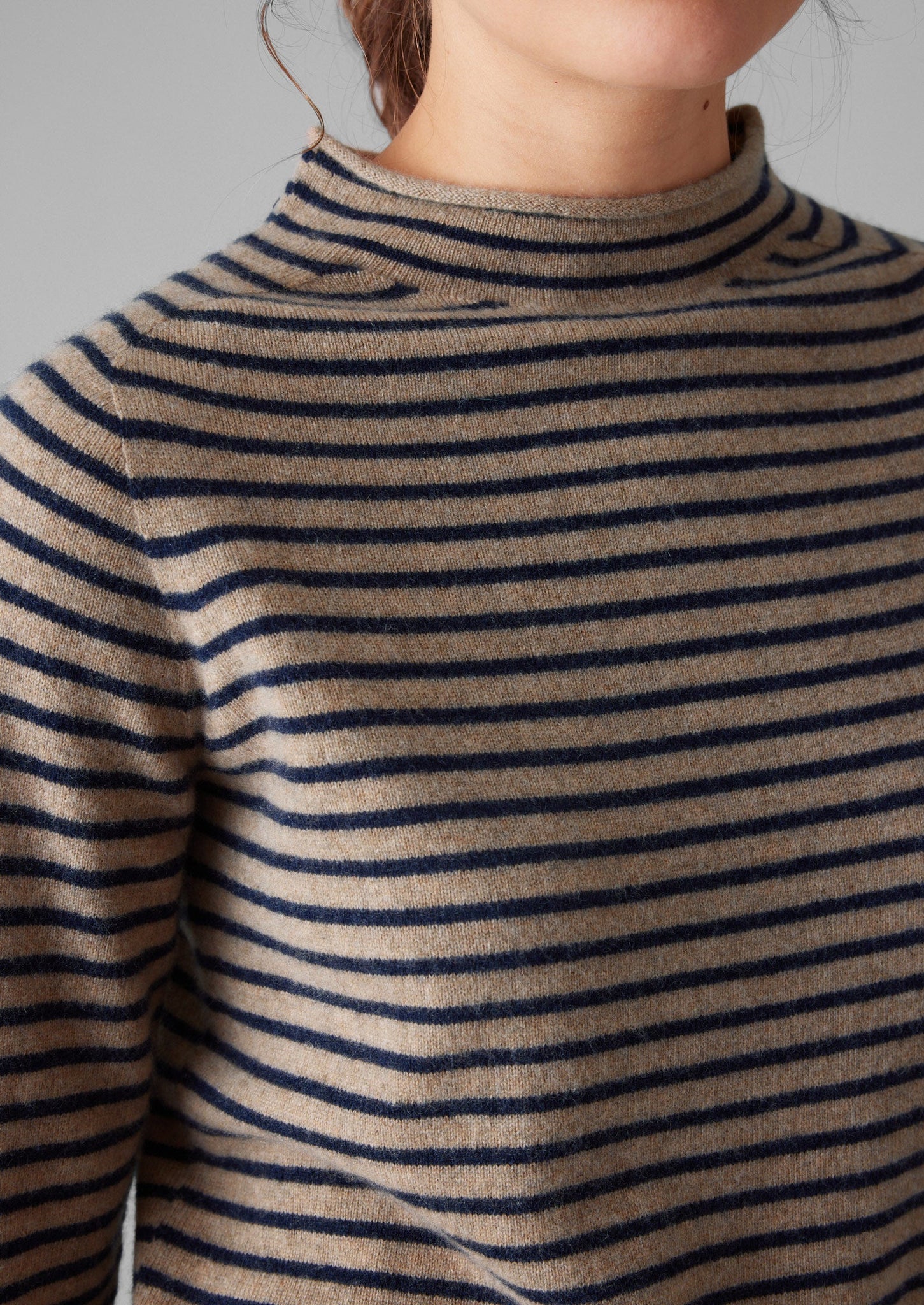 Stripe Wool Cashmere Half Sleeve Sweater | Biscuit/Anthracite