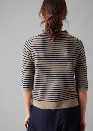 Stripe Wool Cashmere Half Sleeve Sweater | Biscuit/Anthracite