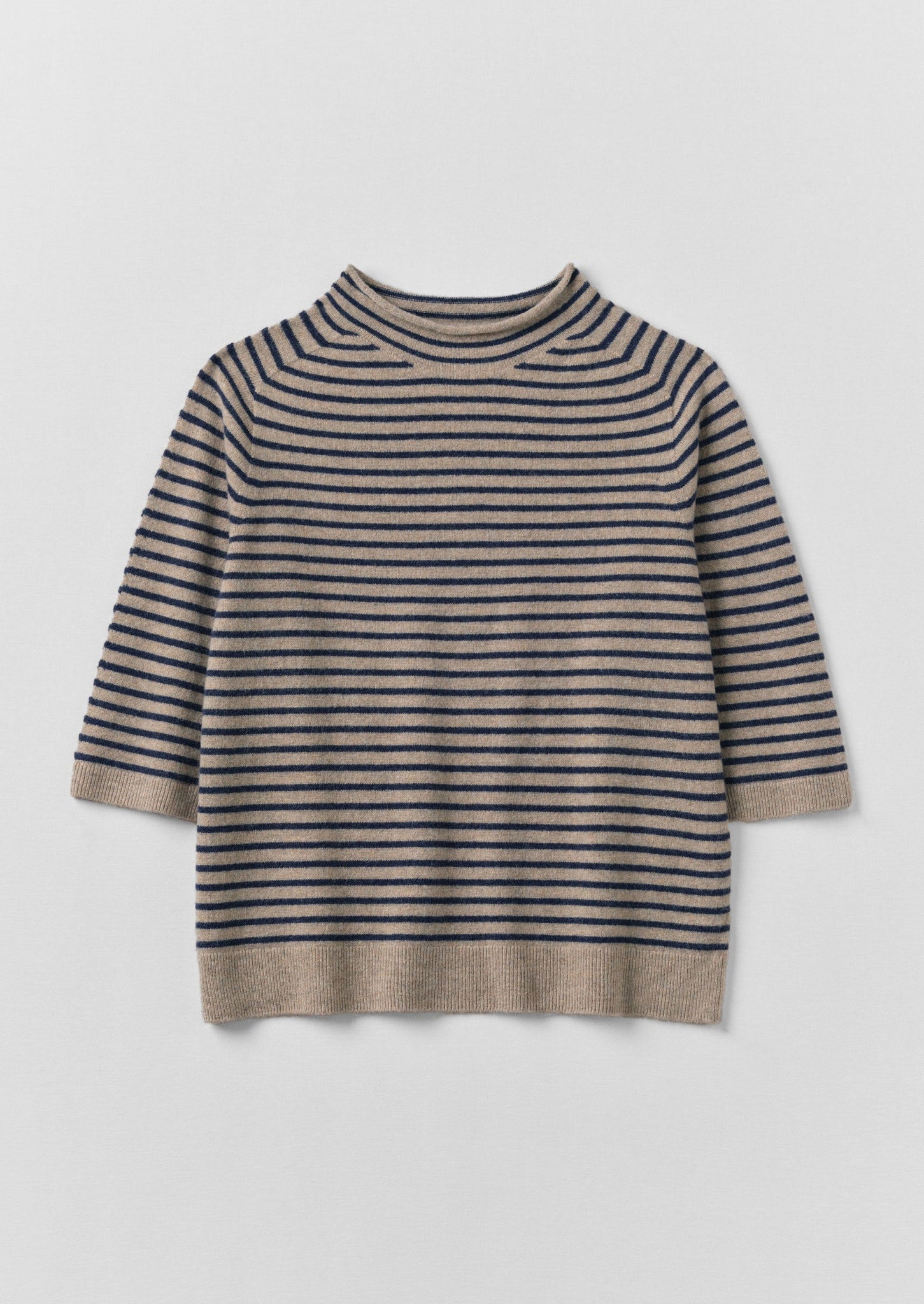 Stripe Wool Cashmere Half Sleeve Sweater | Biscuit/Anthracite
