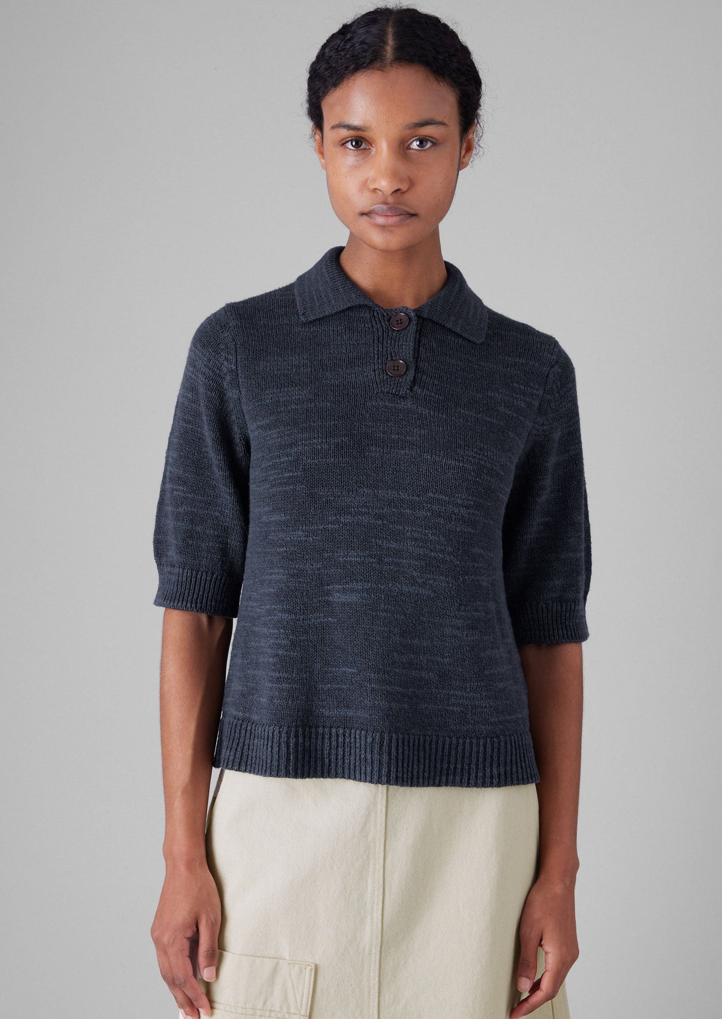 Linen Cotton Slub Knitted Top | Dark Navy