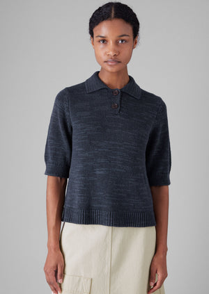 Linen Cotton Slub Knitted Top | Dark Navy