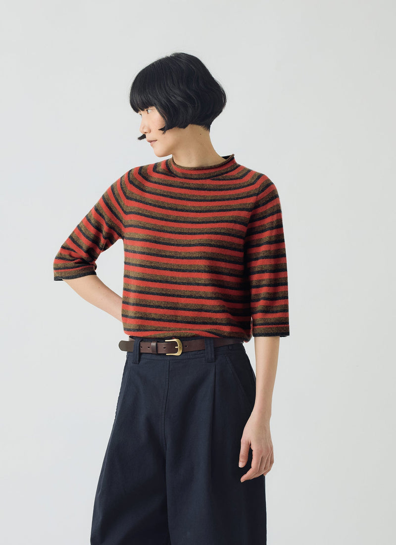 Stripe Wool Cashmere Half Sleeve Sweater | Red Multi