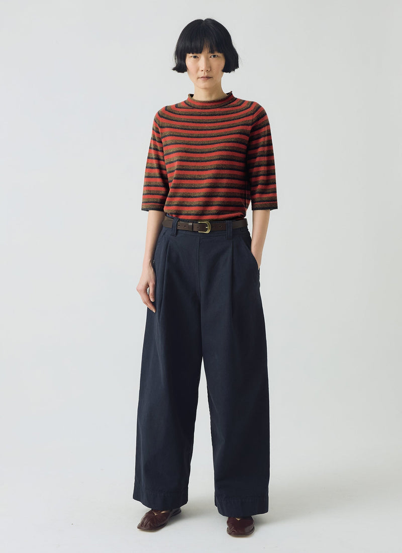 Stripe Wool Cashmere Half Sleeve Sweater | Red Multi