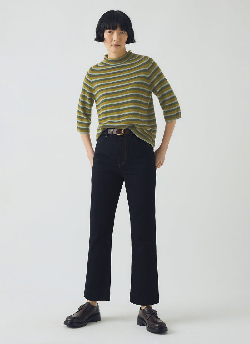 Stripe Wool Cashmere Half Sleeve Sweater | Green Multi