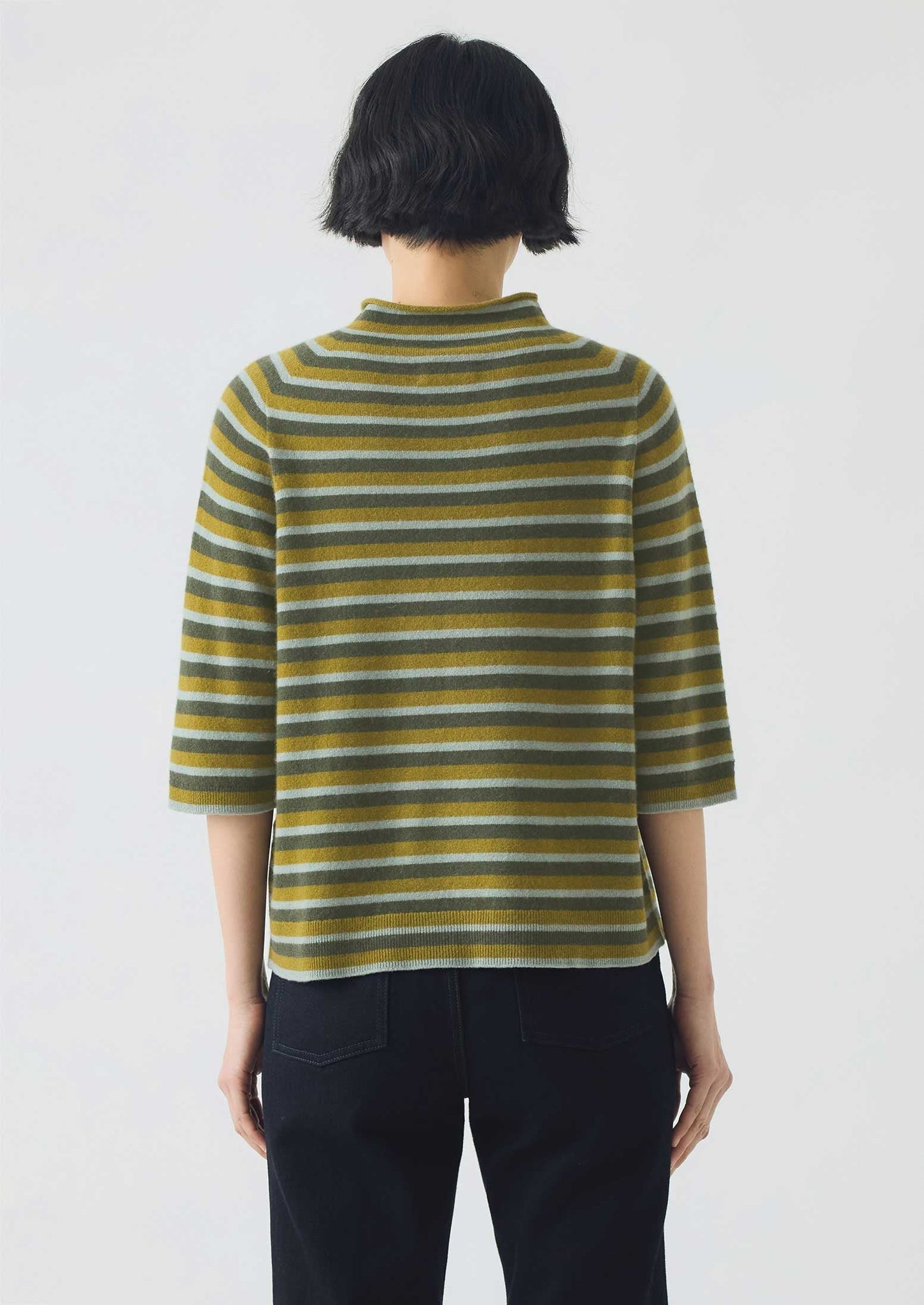 Stripe Wool Cashmere Half Sleeve Sweater | Green Multi