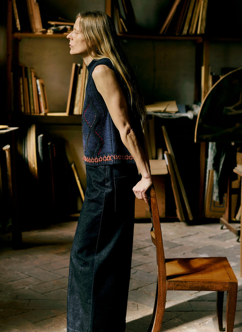 Hand Embellished Cable Tank | Blue Multi