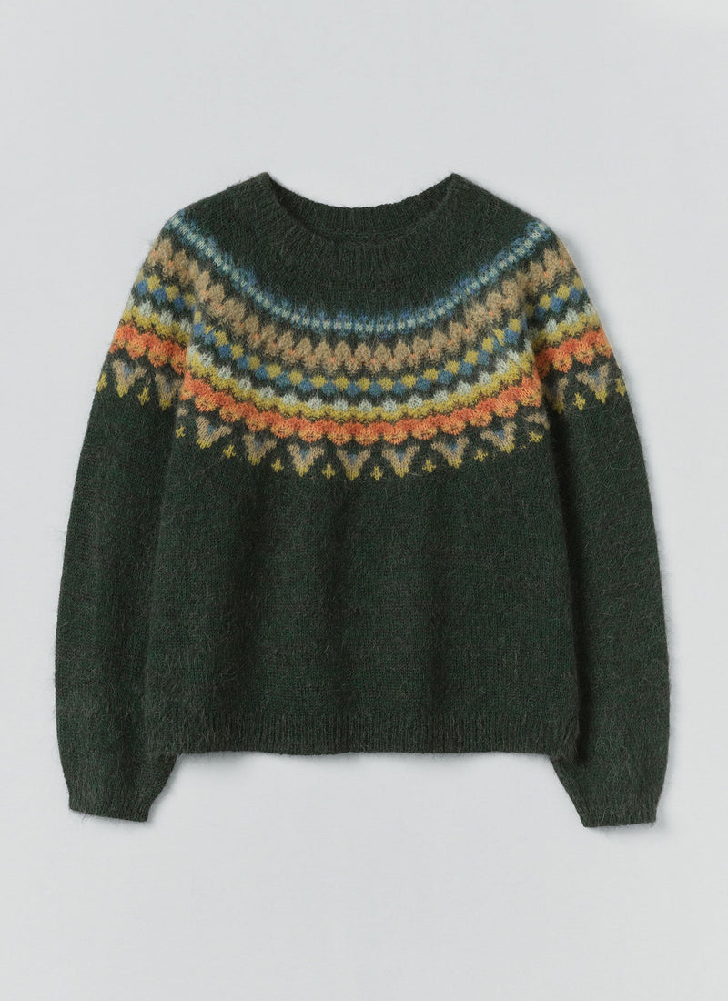 Brushed Mohair Wool Patterned Yoke Sweater | Peacock Multi