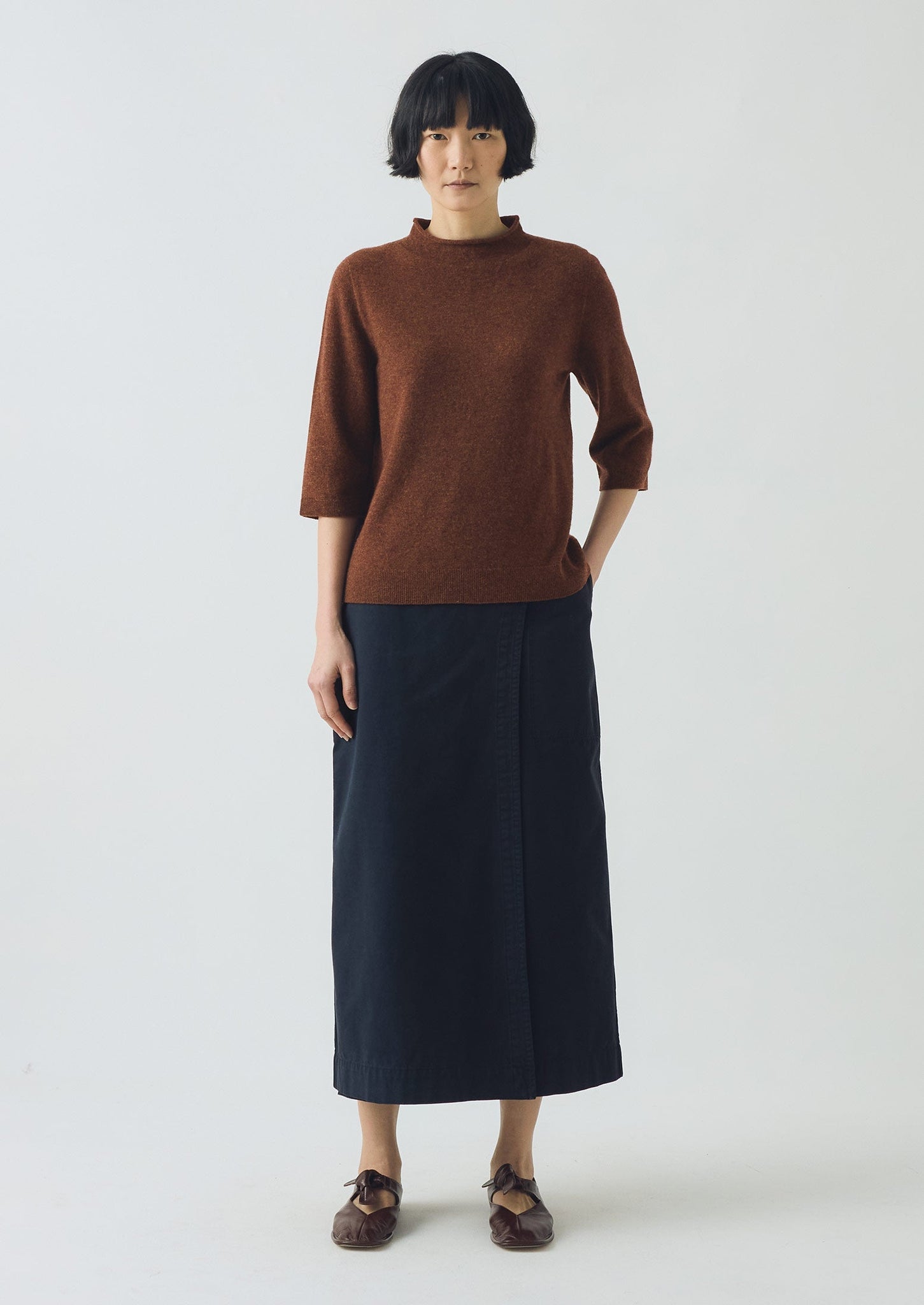 Fine Wool Cashmere Half Sleeve Sweater | Pecan