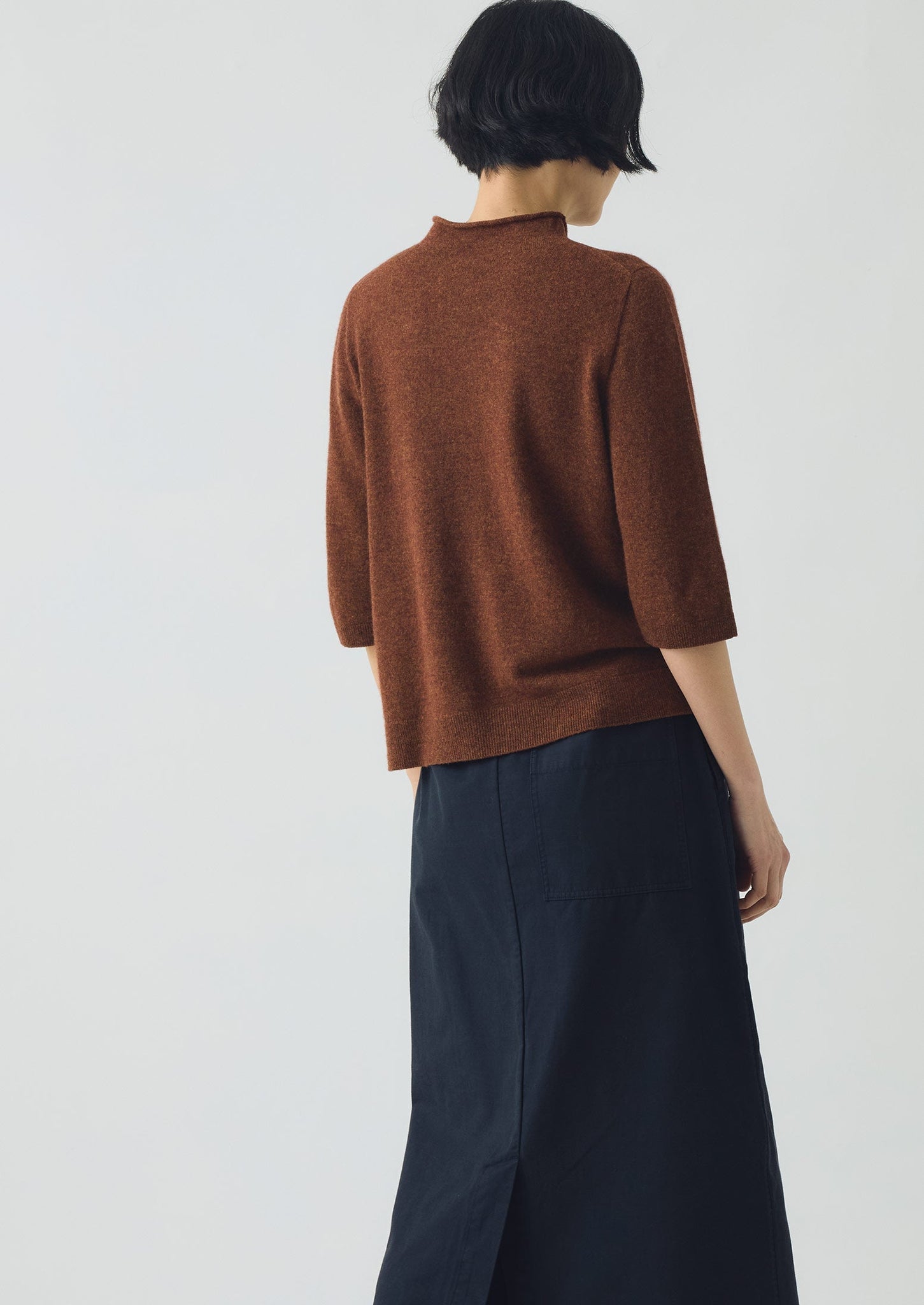 Fine Wool Cashmere Half Sleeve Sweater | Pecan