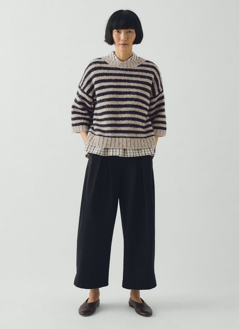 Stripe Donegal Short Sleeve Sweater | Soft Black/Oatmeal